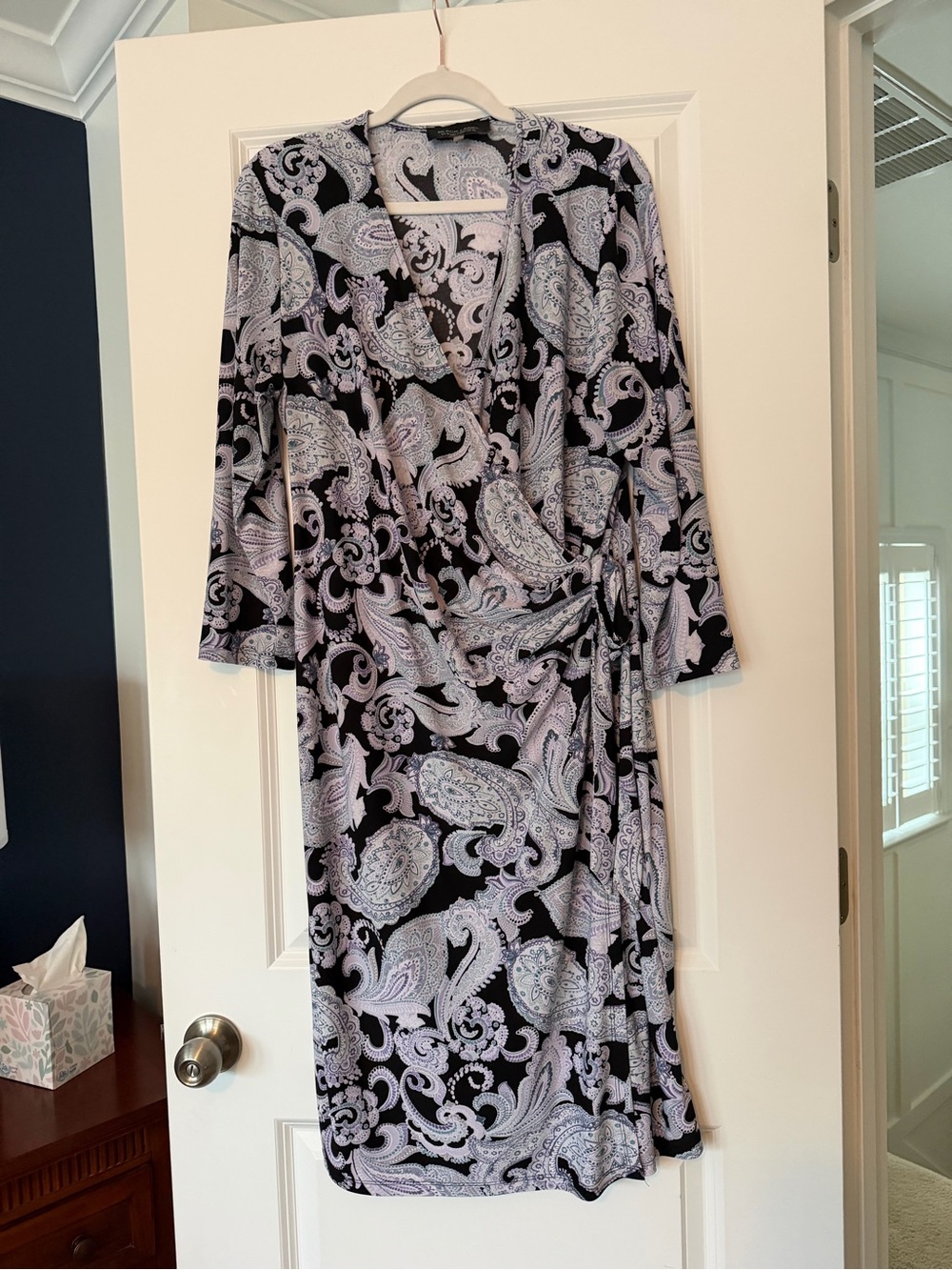 Evan Picone Black and Lavender Paisley Wrap Dress